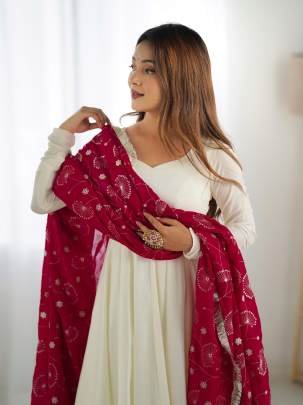 Latest Out Fit Vichitra Silk Anarkali Gown With Duppat Set