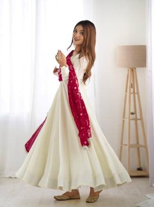 Latest Out Fit Vichitra Silk Anarkali Gown With Duppat Set