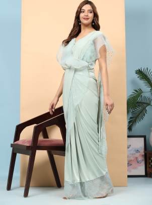 Latest Pista Ruffle Border Ready To Wear Saree With Stitched Blouse