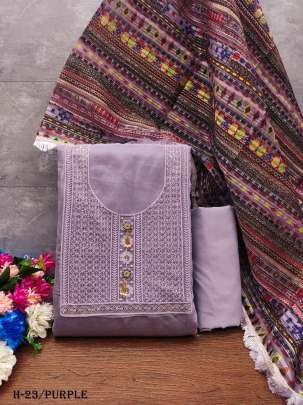 Latest Roman Silk Purple Dress Material With Printed Dupatta