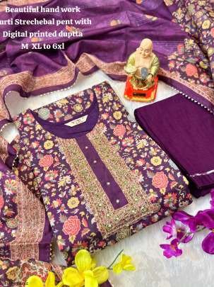 Latest Purple Muslin Silk Hand Work Kurti Pant Set