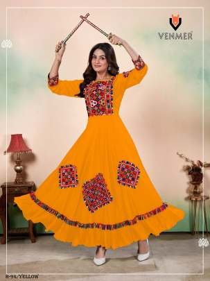 Latest Rayon Anarkali Yellow Kurtis with Gamthi Work