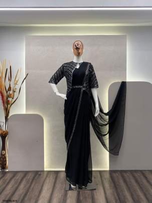 Latest Ready To Ware Black Georgette Saree With Sequence Work