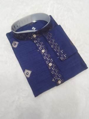 Latest Silk Blue Kurta And Pyjama With Sequence Embroidery Work