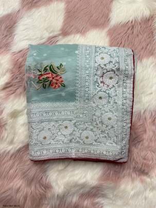 Latest Sky Blue Organza Silk Saree With Chikankari Work