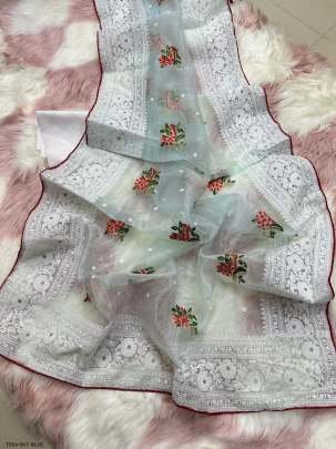 Latest Sky Blue Organza Silk Saree With Chikankari Work