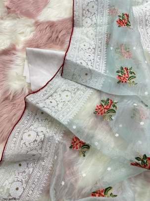 Latest Sky Blue Organza Silk Saree With Chikankari Work