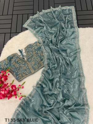 Latest Sky Blue Pure Soft Jimmy Choo Silk Saree