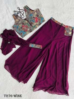 Latest Wine Georgette Indo Western With Sequence Work