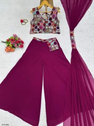 Latest Wine Georgette Indo Western With Sequence Work