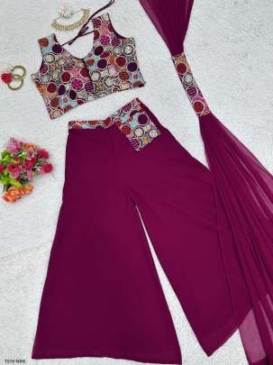 Latest Wine Georgette Indo Western With Sequence Work