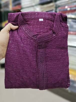 Latest Wine Men Rayon Chikan Work Kurta With Pajama
