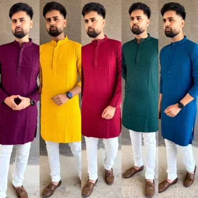 Latest Wine Men Rayon Chikan Work Kurta With Pajama