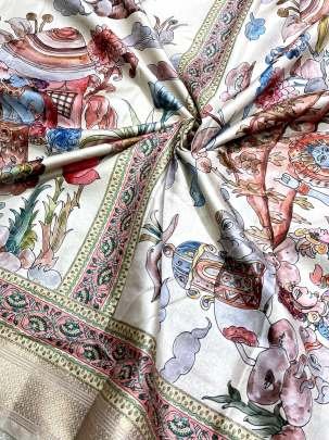 Latest Zari Weaving Worked Printed Silk White Saree