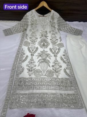 Launching Eid Spiceal White Kurti Pant Set With Sequence Work