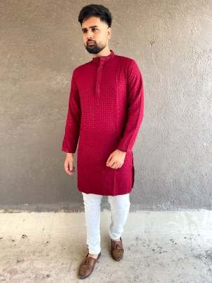 Launching Heavy Rayon Chikan Work Red Kurta Pyjama