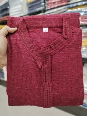 Launching Heavy Rayon Chikan Work Red Kurta Pyjama