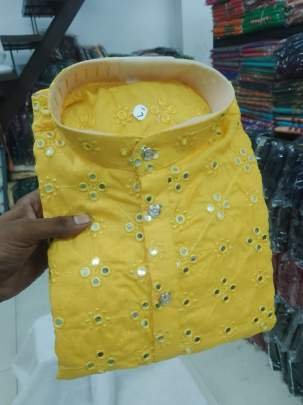 Launching Mirror Work Cotton Yellow Men Kurta Pyjama