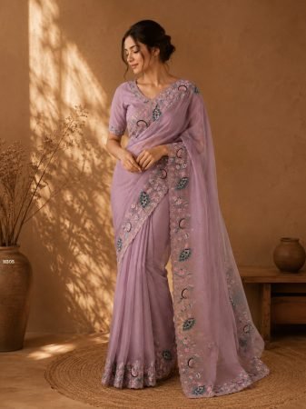 Lavender Embroidered Fandy Satin Designer Saree