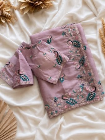 Lavender Embroidered Fandy Satin Designer Saree