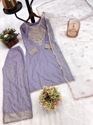 Lavender Embroidered Suit Set with Net Dupatta