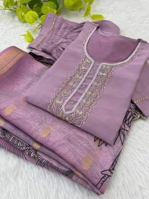 Lavender Fancy Neck Handwork Work Roman Silk Kurtis Set With Dupatta