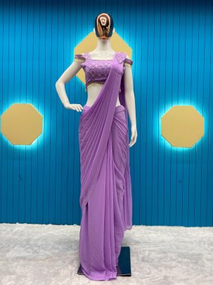 Lavender Faux Georgette Ready to wear Sequence Patch Work Saree With Readymade Blouse 