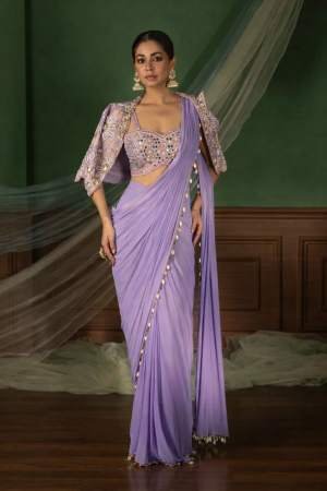 Lavender Mirror Work Embellished Saree with Designer Jacket Blouse