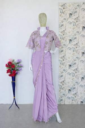 Lavender Mirror Work Embellished Saree with Designer Jacket Blouse