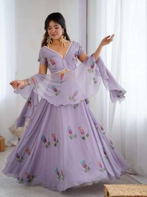 Lavender Floral Embroidered Soft Georgette Lehenga Choli Set
