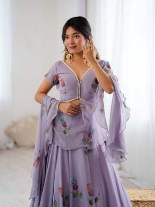 Lavender Floral Embroidered Soft Georgette Lehenga Choli Set
