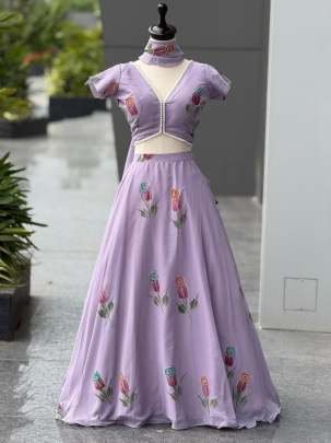 Lavender Floral Embroidered Soft Georgette Lehenga Choli Set