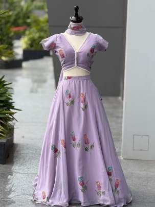 Lavender Floral Embroidered Soft Georgette Lehenga Choli Set