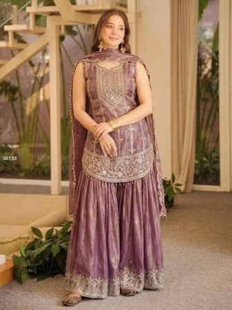 Lavender Party Wear Sharara Suit Set with Dupatta