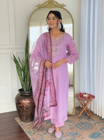 Lavender Straight Cut Rayon Kurti Set by Fab Funda