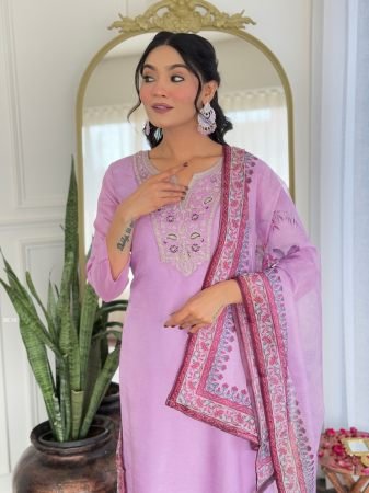 Lavender Straight Cut Rayon Kurti Set by Fab Funda