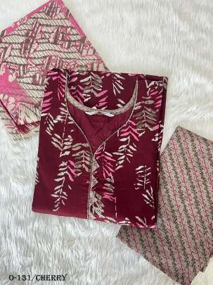 Leaves Design Cherry Color Kurti Pant Set