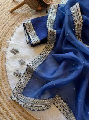 Leela Pure Blue Organza Silk Saree With Thread Sequnce Work