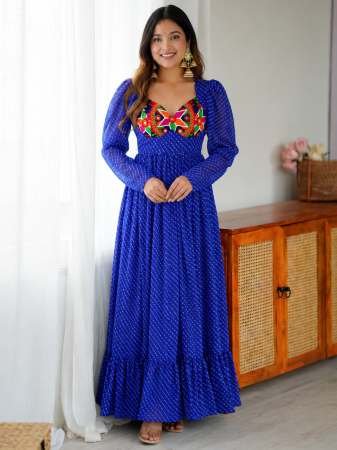 Leheriya Printed Empire Blue Navrtri Gown
