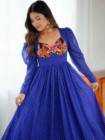 Leheriya Printed Empire Blue Navrtri Gown