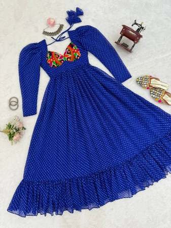 Leheriya Printed Empire Blue Navrtri Gown