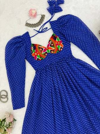 Leheriya Printed Empire Blue Navrtri Gown