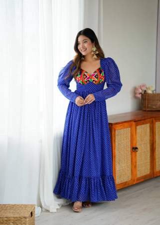 Leheriya Printed Empire Blue Navrtri Gown