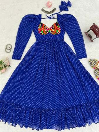 Leheriya Printed Empire Blue Navrtri Gown