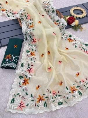 Lemon Beautiful Heavy Embroidery Work Khadi Organza Silk Saree