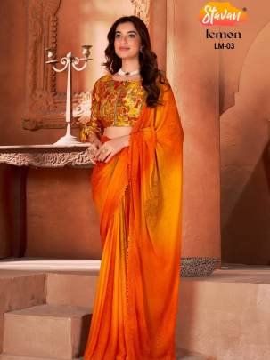 lemon hand print saree with siroski border stavan