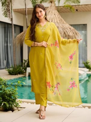 Lemon Yellow Embroidered Kurti with Floral Dupatta