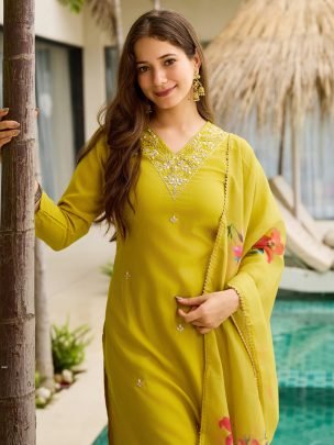 Lemon Yellow Embroidered Kurti with Floral Dupatta