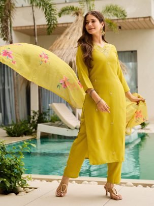 Lemon Yellow Embroidered Kurti with Floral Dupatta