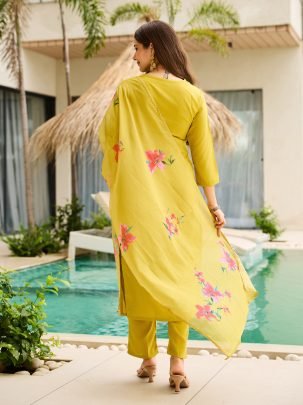 Lemon Yellow Embroidered Kurti with Floral Dupatta
